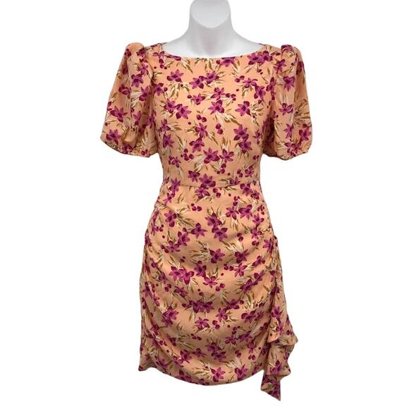 Likely Cara Mini Dress 0 Floral Draped Ruffle Boat Neck Short Puff Sleeve NWD